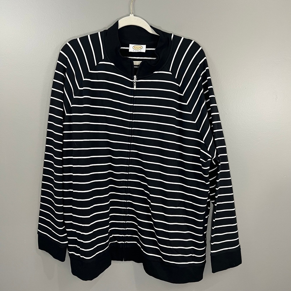 Talbots Jacket Woman 2X Black White Striped Great Full Zip Mock Neck Pockets